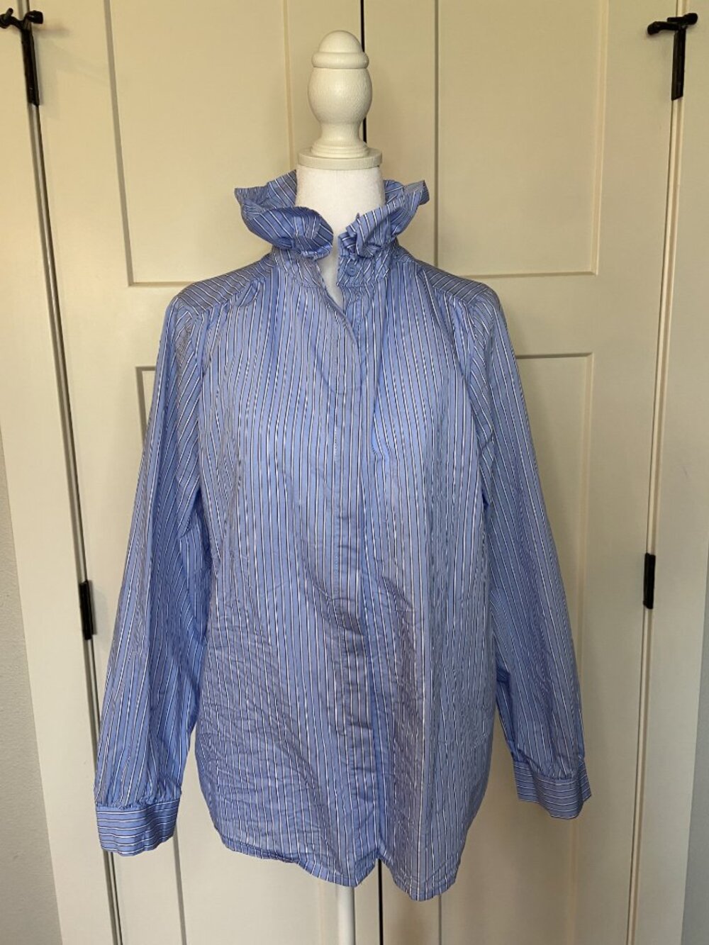 Easy Clothes Blue Stripe Ruffle Collar Button Down Shirt Size M French Style